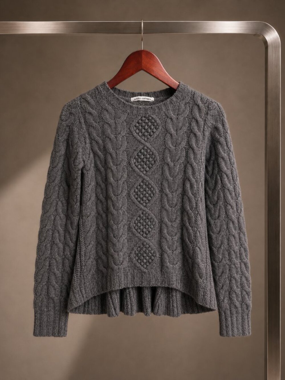 Autumn Cashmere 100% Cashmere Chunky Cable Bobble Peplum Sweater Charcoal XS